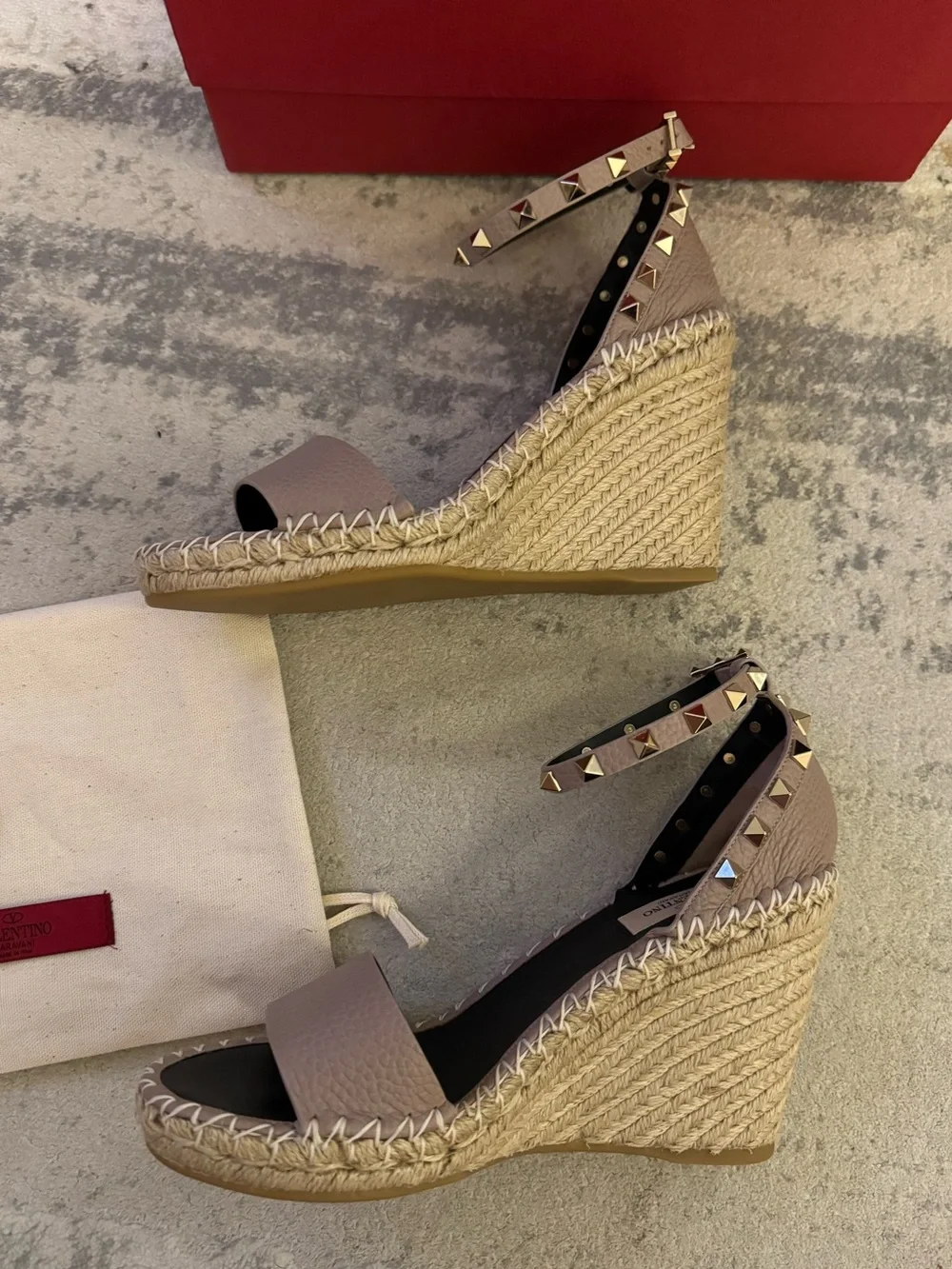 🆕 Valentino Garavani Double Rockstud Grainy Calfskin Sandal 105 MM Espadrilles